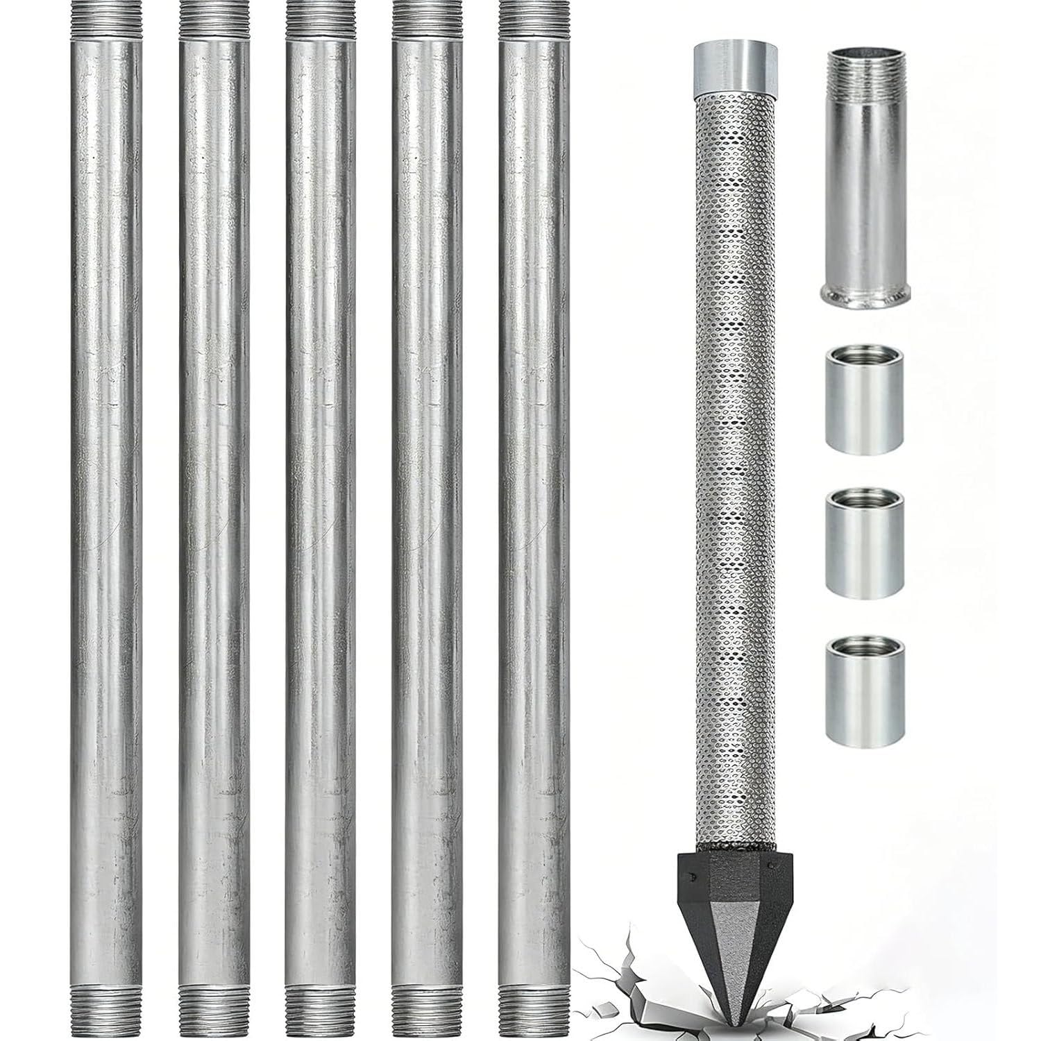 Uordby 6M(19.4Ft) Well Drive Point Kit, 1-1/4 Inch Stainless Steel Sand Point Well With 60 Gauze Mesh, 36 Inch Length Pipe, Heavy Duty Shallow With Galvanized Pipes And Couplings, For Garden, Farm, Lawn