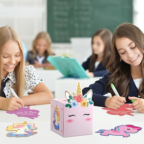 Miniatura 7 de Bucherry Tarjetas de San Valentín para niños y buzón de correo de unicornio, tarjeta de San Valentín y caja de San Valentín para suministros de