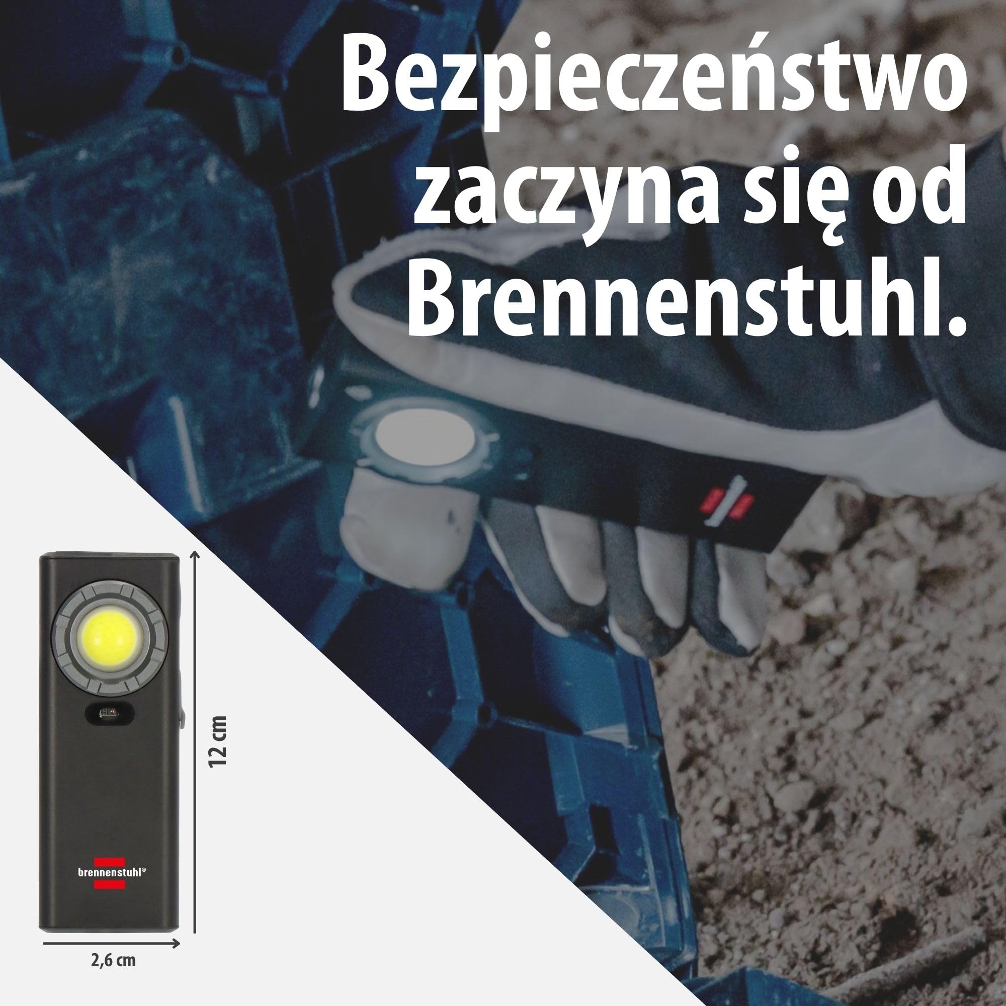 Brennenstuhl Akumulatorowa lampa ręczna LED HL 1200 AS (1200lm, latarka z 4 trybami przełączania, automatyczne wyłączanie przy bliskości obiektu, IP56, obudowa aluminiowa, magnes, klips, kabel USB C)