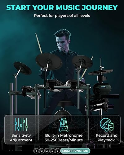 Miniatura 7 de Fesley Juego de batería eléctrica, juego de batería electrónica con 4 almohadillas de malla silenciosa, HiHat independiente y Kick Drum Juego de