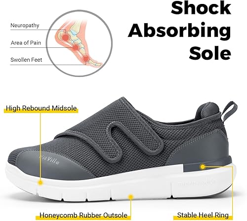 Miniatura 13 de FitVille Zapatos para diabéticos para hombre, de ancho extra ancho, ortopédico, sin cordones, con cierre ajustable, con soporte de arco, Negro,Azul