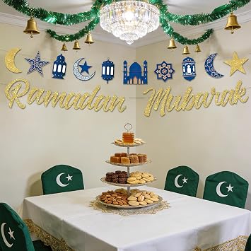 Ramadan Banner, Ramadan Mubarak Banner, Ramadans Bunting Decorations with Blue and Gold Stars Moon Lantern Ramadans Eid Mubarak Bunting for Islamic Muslim Party Supplies Decorate