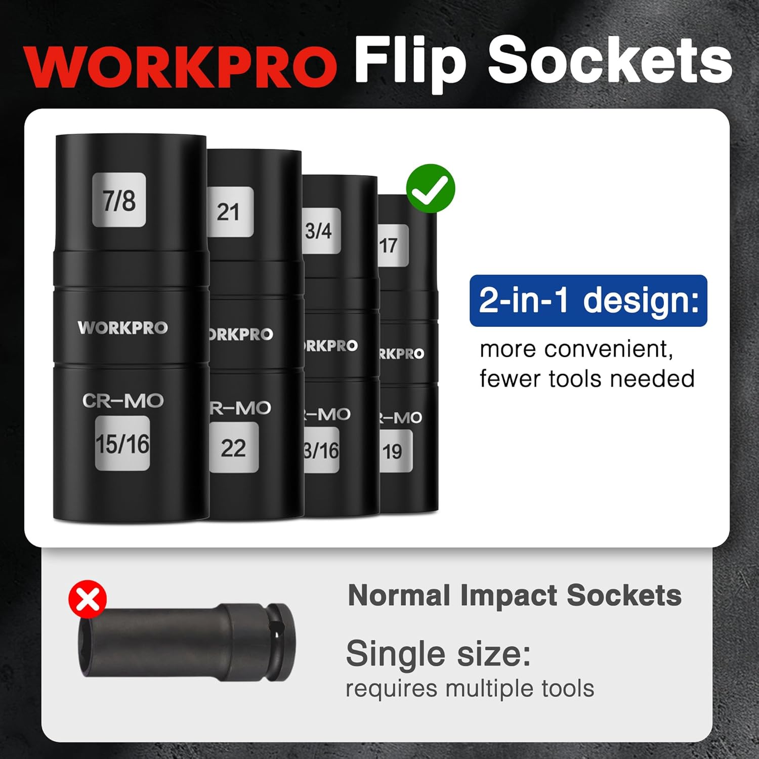WORKPRO 5PCS Impact Socket Set 1/2" Drive, Lug Nut Socket Set, Wheel Socket Set Cr-Mo Steel, Includes 1PC 3" Extension Bar & 4PSC Flip Sockets of 6 Metric and SAE Sizes