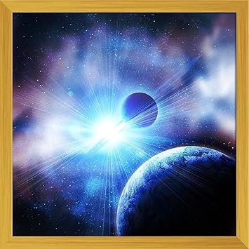 Pitaara Box Planets Against The Sun in Space Canvas Painting Golden Synthetic Frame 14 x 14 inch (36 x 36 cms)