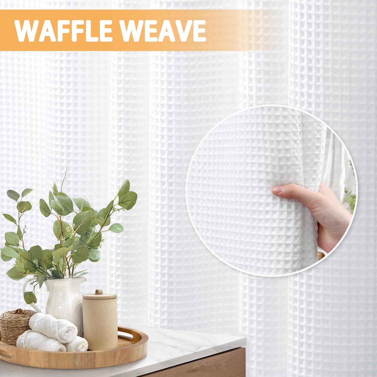Cotton No Hook Shower Curtain with Snap in Liner Set Less Time White Waffle Weave Shower Curtain for Bathroom 75" L x 72" W