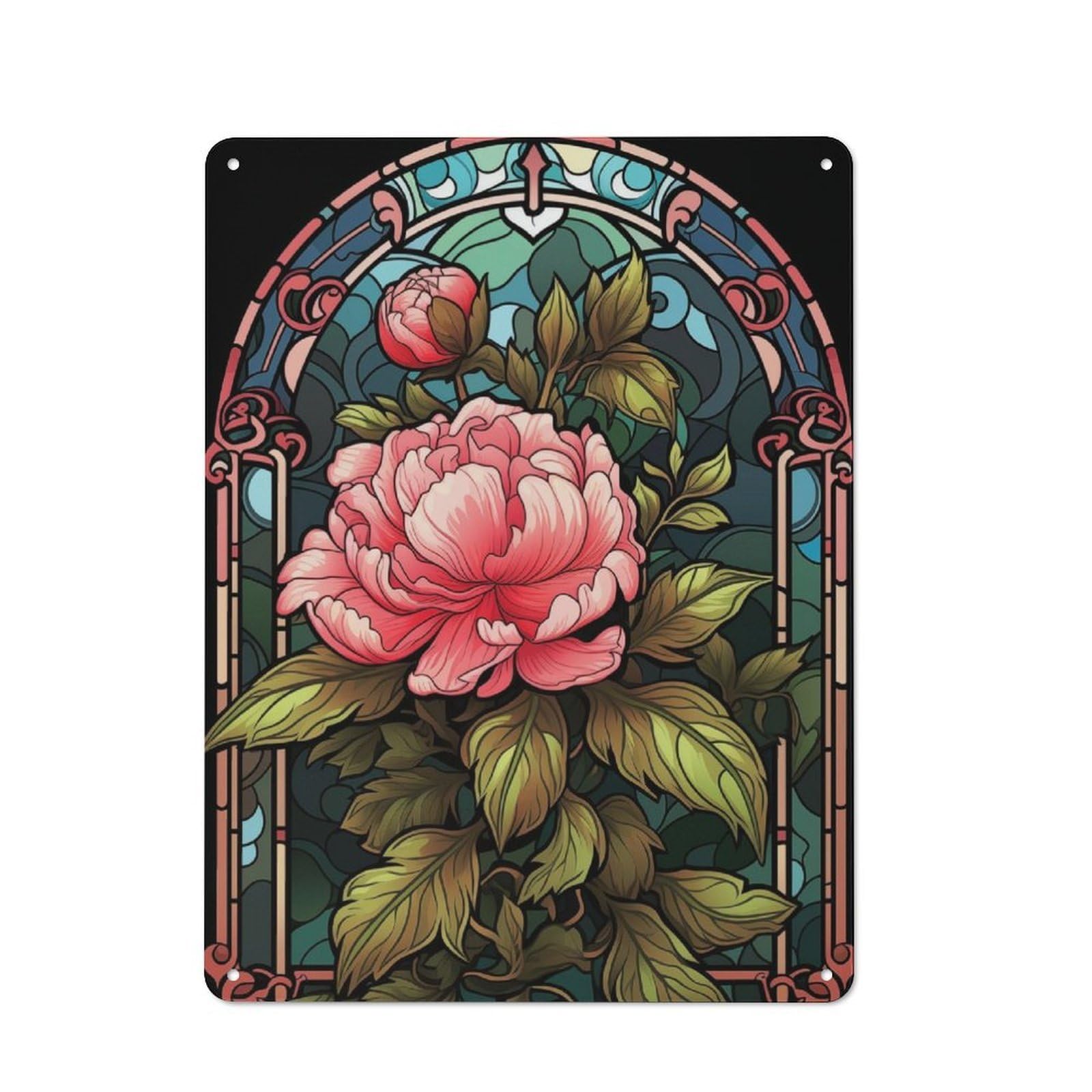 Junmoney Stained Glass Peony Rustic Tin Sign 40X30cm For Café Or Restaurant, A Decorative Christmas Gift For Hospitality Interior Collectors
