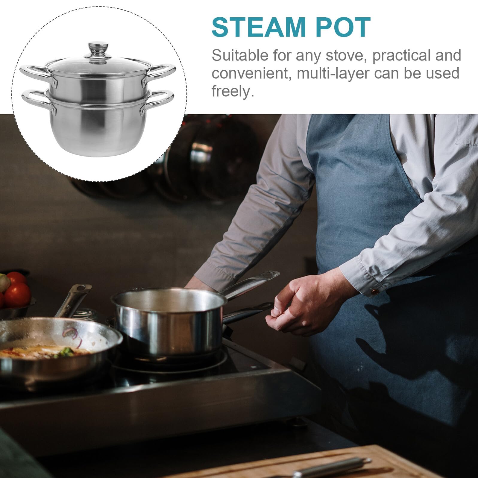 Olla Vaporera de Acero Inoxidable de Doble Capa Gran Capacidad para Cocinar al Vapor y Cocinar Simultáneamente en Cocina Doméstica