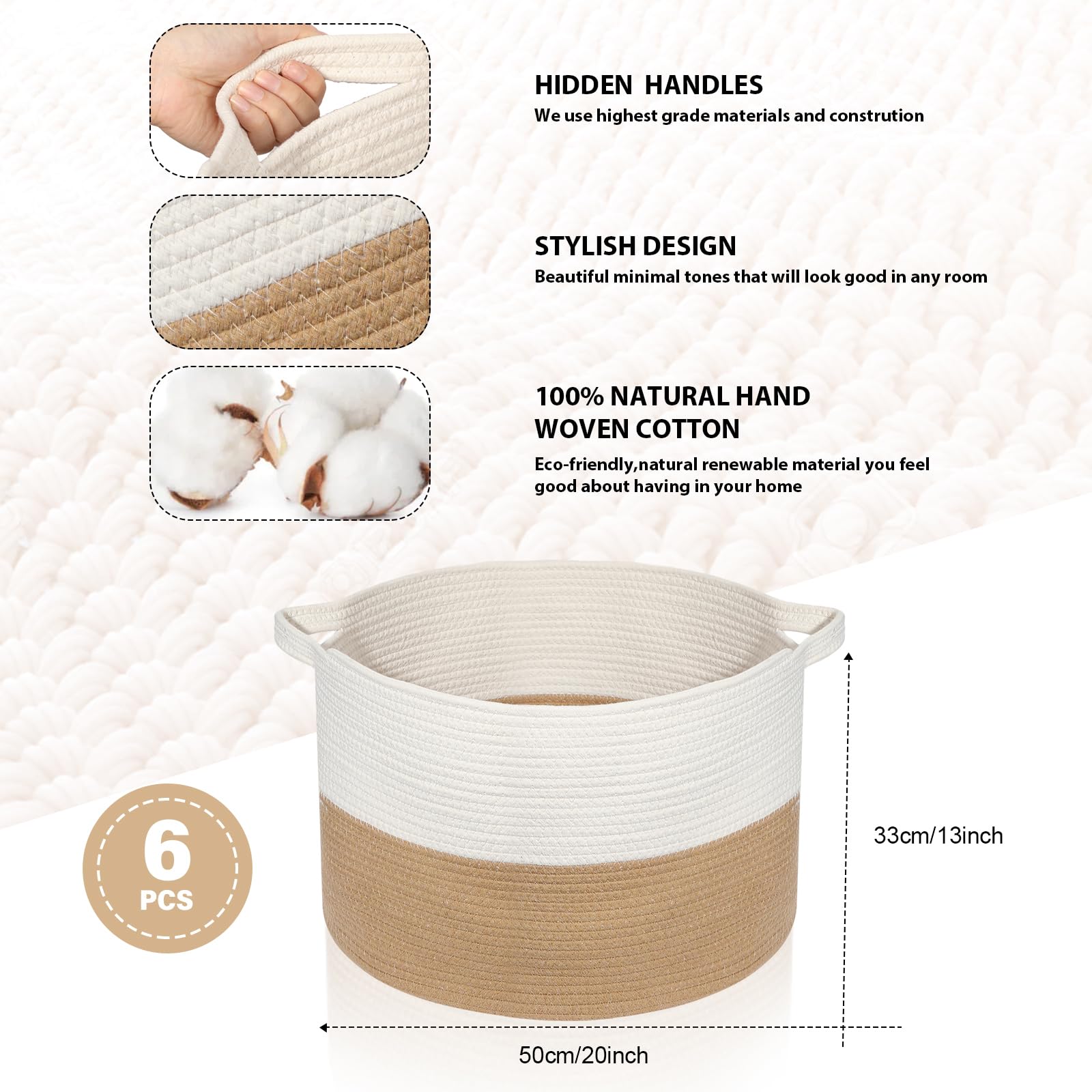 Sawysine 6 Pcs Cotton Rope Woven Basket for Storage Baskets for Organizing Storage Baskets Rope Basket with Handles for Cloth Blanket Toys Living Room Bathroom Laundry(Classic)