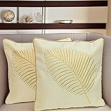 Fab Nation Silk Fabric White Decorative Cushion Covers with Golden Zari Leaf Embroidered Set of 2 for Home Decor | Throw/Pillow Cover 16x16 inches for Bedroom Sofa