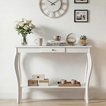 ChooChoo 39" Narrow Entryway Table with Drawer, White | Console Table with Curved Legs, Chic Accent Sofa Table with Shelves for Entryway, Living Room, Hallway