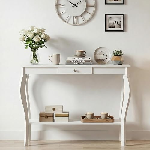 ChooChoo 39" Narrow Entryway Table with Drawer, White | Console Table with Curved Legs, Chic Accent Sofa Table with Shelves for Entryway, Living Room, Hallway