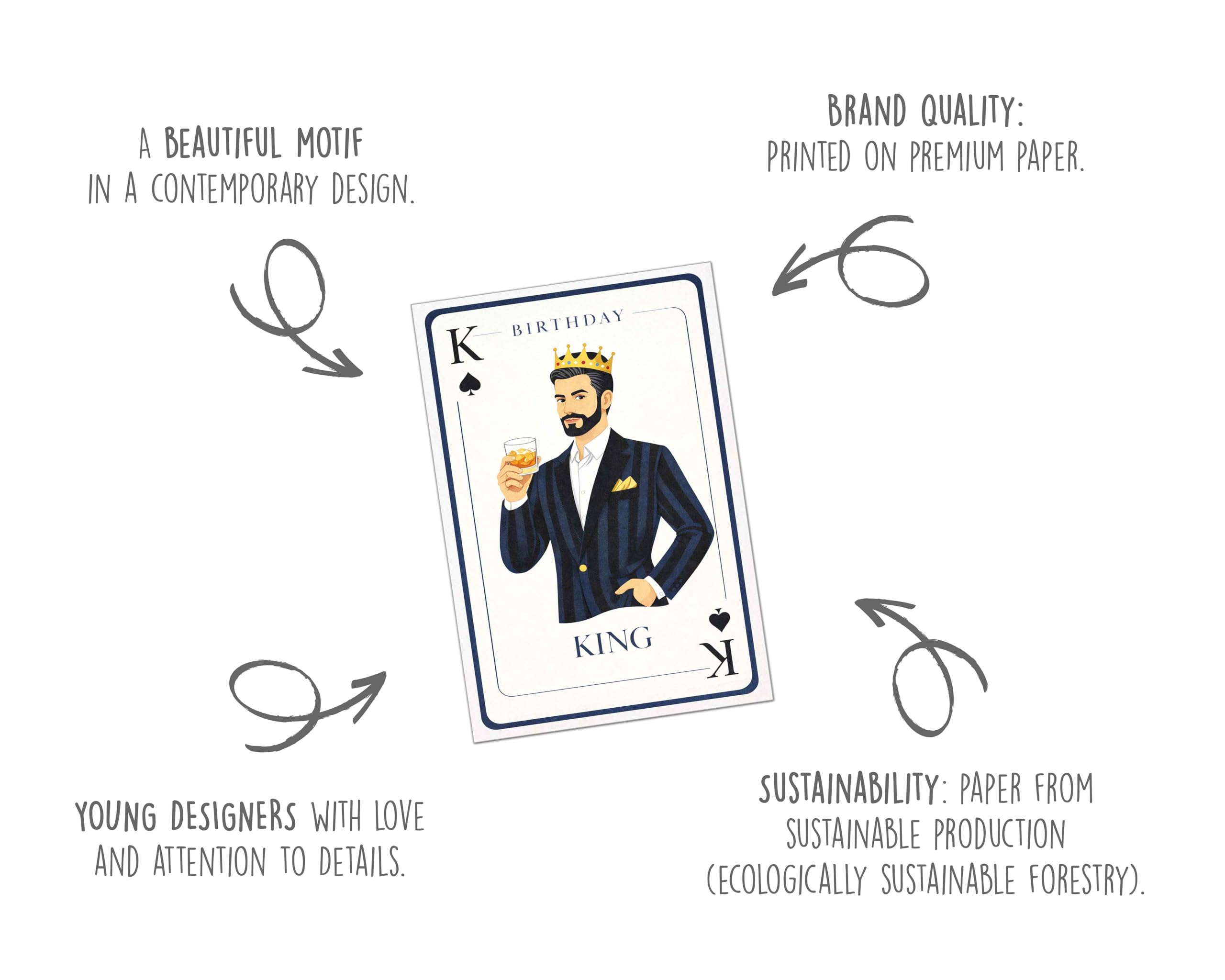 Edition Seidel Carte d'anniversaire avec enveloppe Happy Birthday pour homme ami king couronne drink elegant