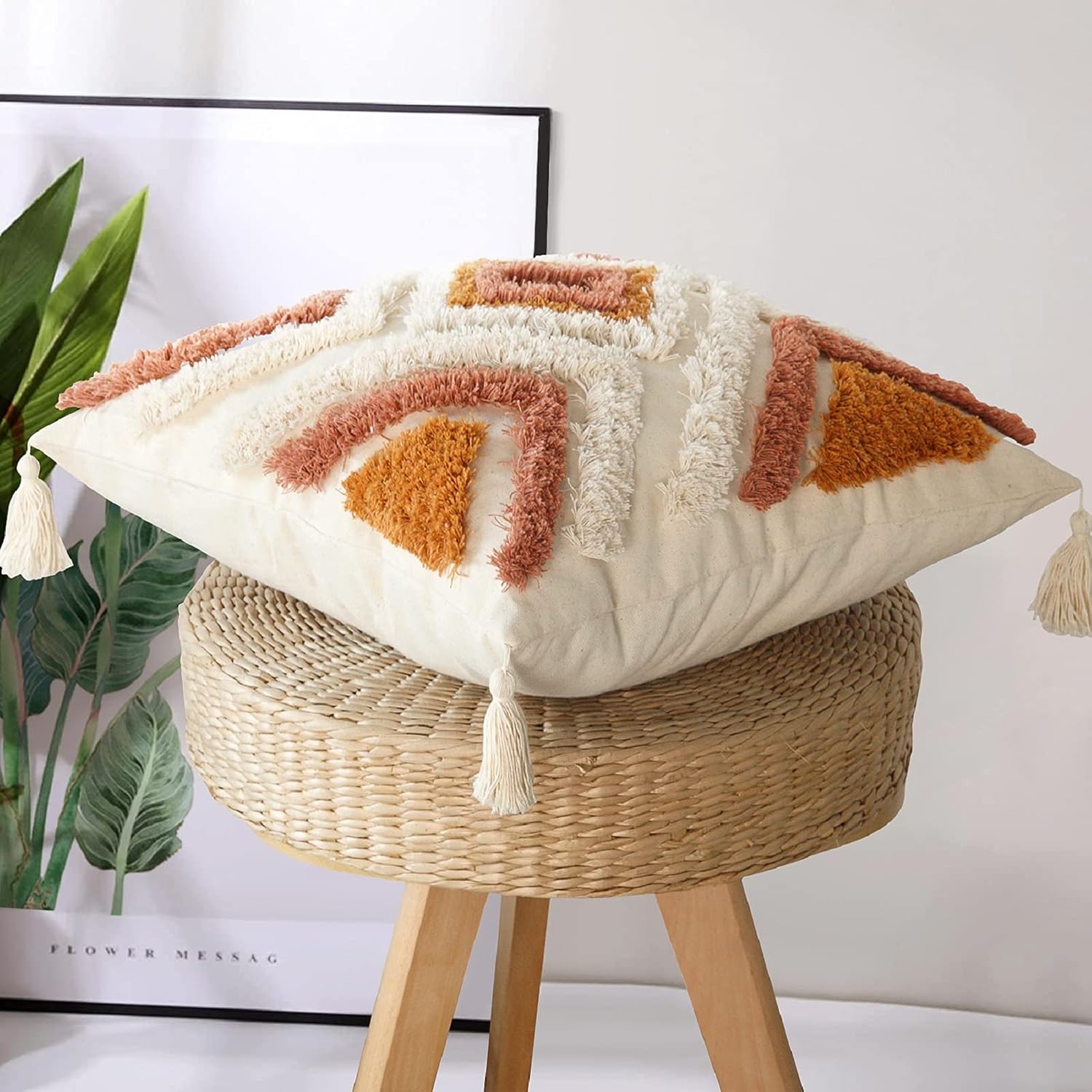 Merrycolor Boho Throw Pillow Covers 18x18 with Tassels, Decorative Pillow Covers Woven Tufted Bohemian Pillow Covers for Couch Sofa Bedroom Living Room - Image 3