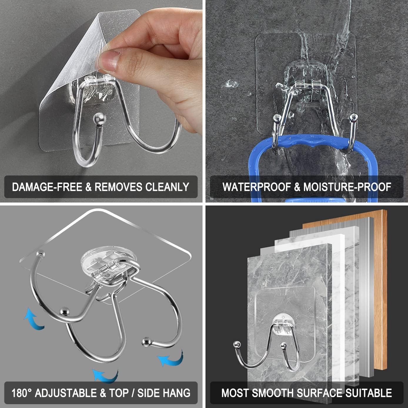 15 Pack Large Double Adhesive Wall Hooks, Damage-Free Waterproof 33 Ib Max Heavy Duty Hanging Clear Seamless Sticky Utility Hooks, Towel Coats Hats Clothes Nail Free Hangers (Twin Round Head)