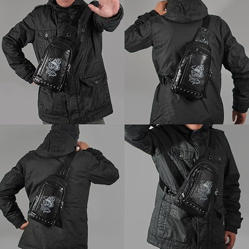 Miniatura 2 de Bolso bandolera pequeño de cuero genuino para hombres Crossbody, bolso negro de hombro de calavera para hombre, mochila de una sola correa, Negro -