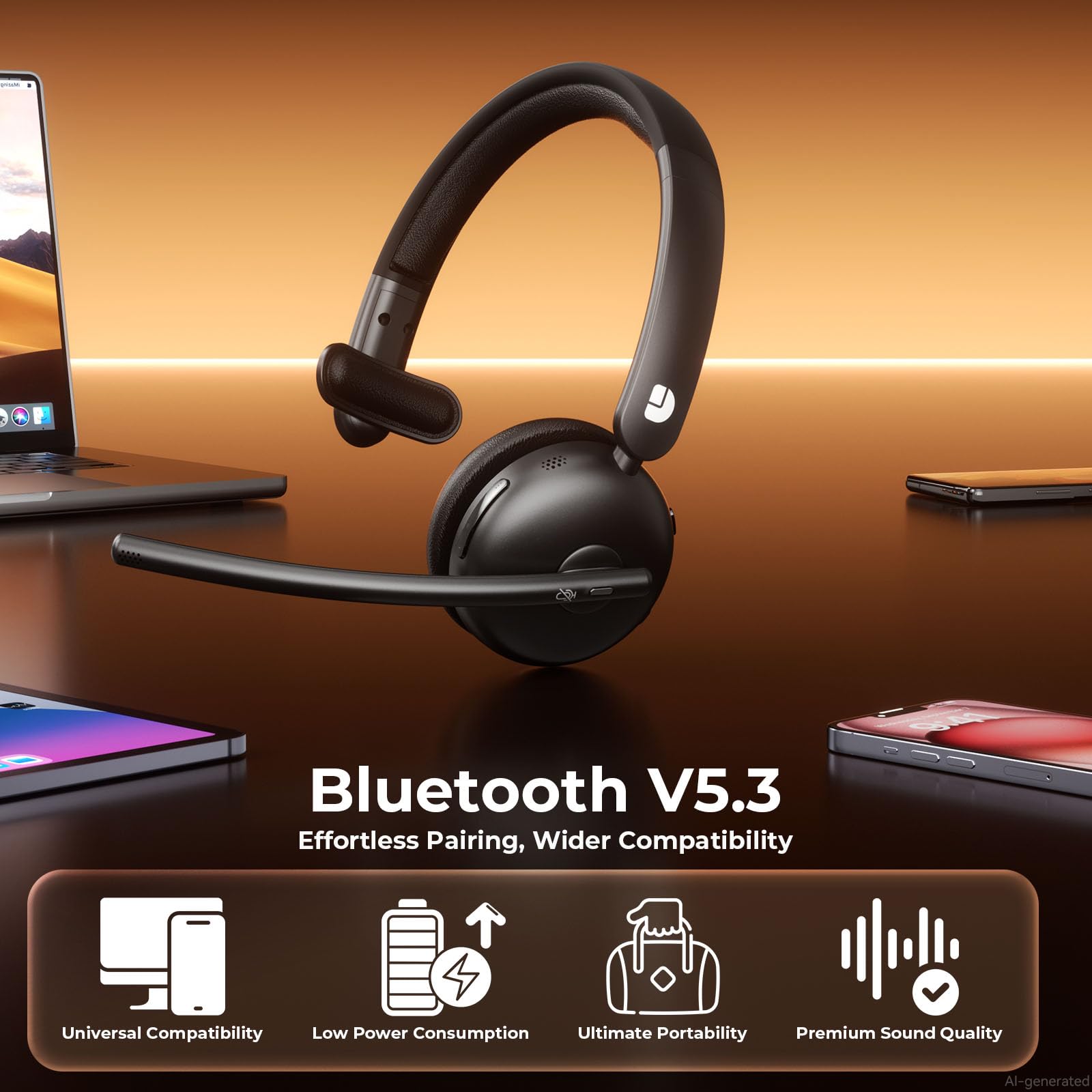 Cuffie wireless con microfono per lavoro, cuffie Bluetooth 5.3 con cancellazione del rumore AI, batteria 65H e funzione mute, cuffie wireless a orecchio singolo e dongle USB, adatte per PC/laptop/team