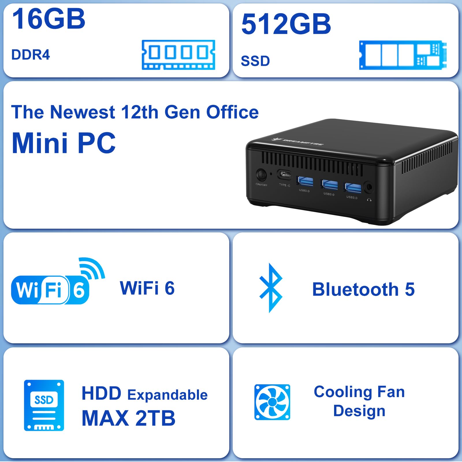 DREAMFYRE Mini PC Alder Lake-N95(fino a 3,4 GHz) 12a generazione Mini Computer 8GB RAM DDR5 256GB ROM SSD con Dual Gigabit Ethernet 3*USB 3.1 Triplicato HDMI