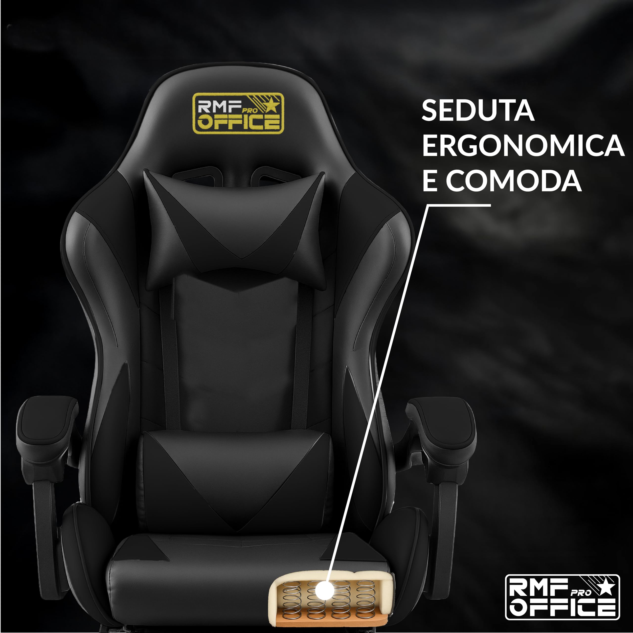 RMF Sedia Gaming Professionale Ergonomica Reclinabile, Poltrona Gaming Seduta Comoda e Rilassante con Poggiapiedi - Sedia per Gamer con Ruote Girevoli, Altezza Regolabile Nero