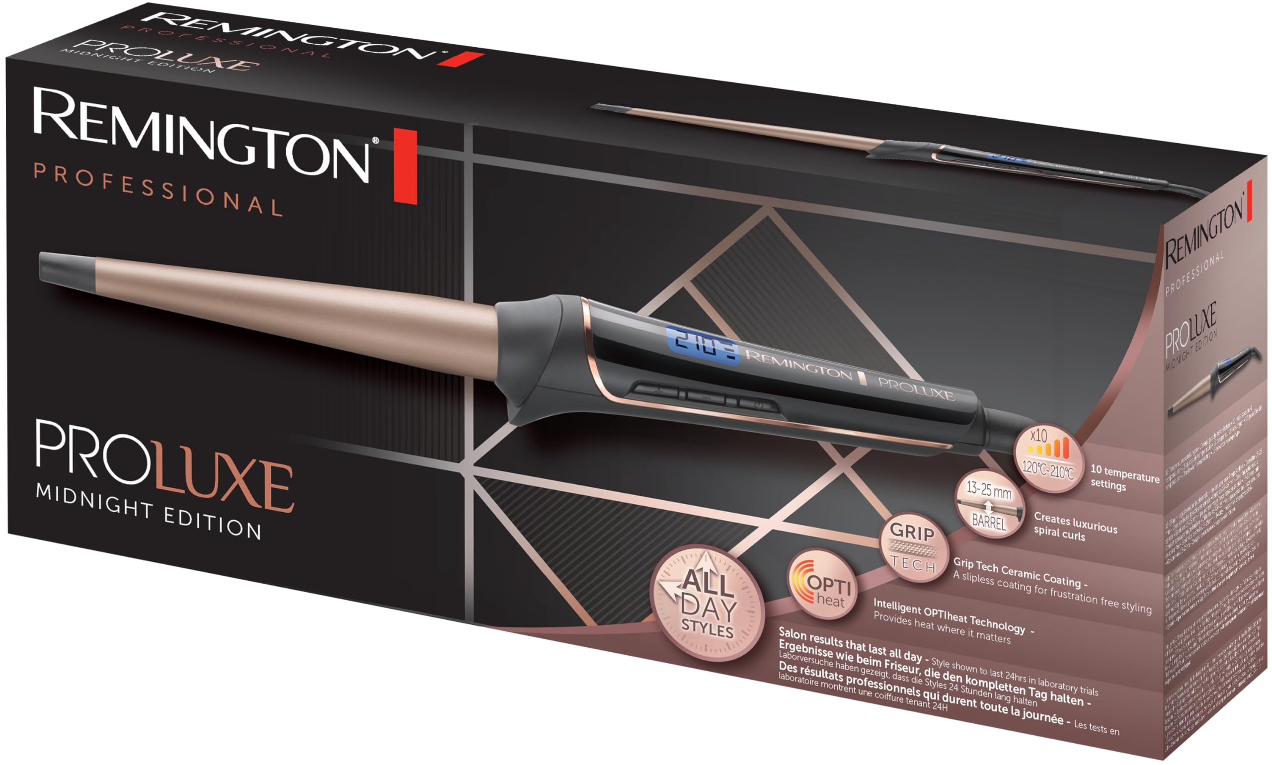 Remington Rizador de Pelo PROluxe Midnight Edition, barril 13-25 mm, Tecnología OPTIHeat, Peinados Duraderos, Cerámica, 5 Temperaturas hasta 210°C, Ajuste Pro+, Digital, Punta Fría, CI91AW1B