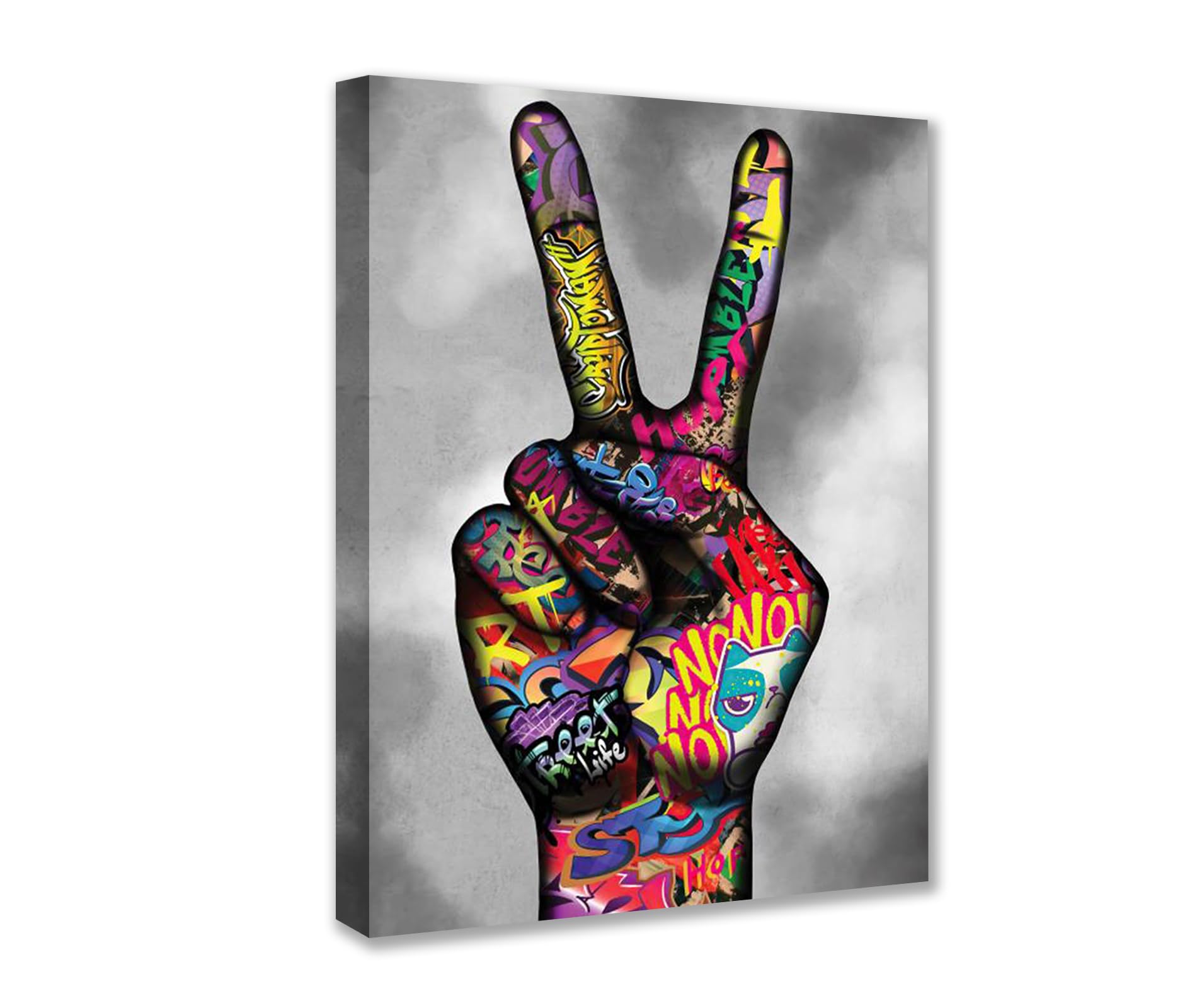 Banksy Street Art Graffiti Hand Two Fingers Pictures Colorful Doodle Paintings Artwork for Living Room Gift 1 Pieces Canvas Wall Art Nordic Home Decor Ready to Hang Poster and Prints (24''W x 16''H) — image 1