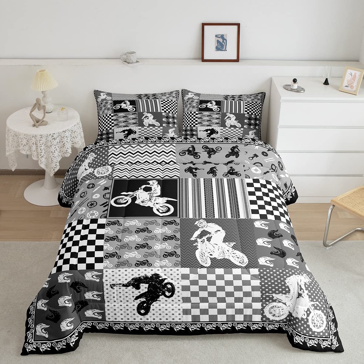 Castle Fairy Dirt Bike Comforter Set,Motocross Racer Bedding Set for Kids Girls Women,Adults White and Gray Grid Comforter,Stripes Square Geometry Quilted Duvet Set Bedroom Collection Twin Size 2Pcs