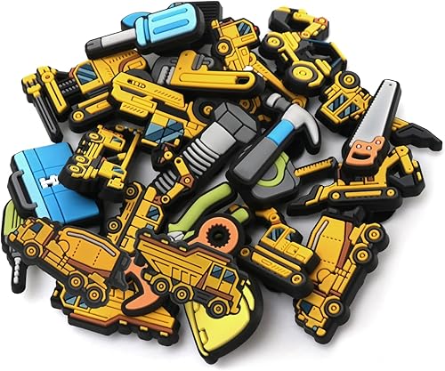 Miniatura 7 de Dijes de decoración de zapatos de construcción, 23 piezas de excavadora excavadora bulldozer camión, casco, zapato para pulsera de zapatos,