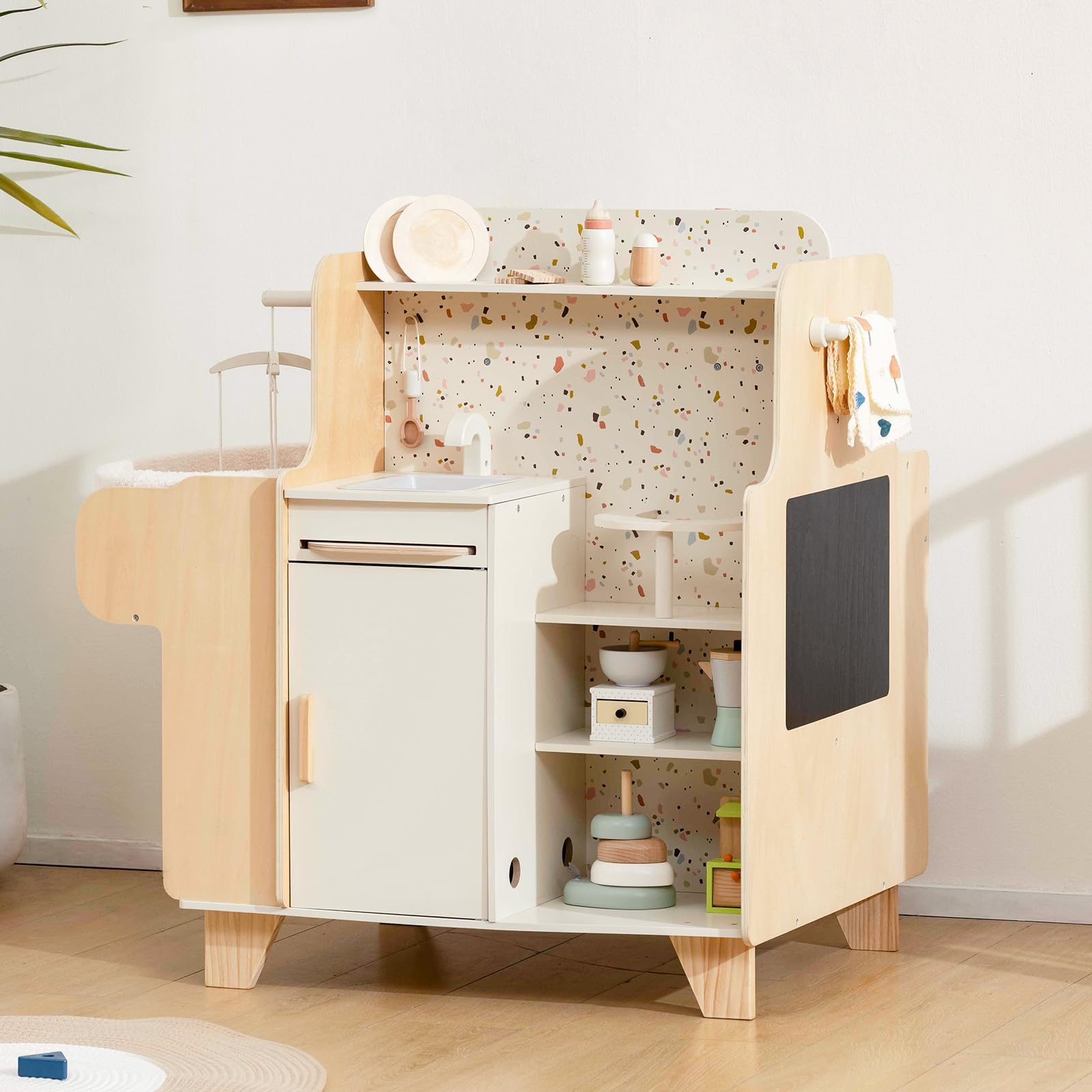Holz-Spielzeugwiege, 4-in-1-Holzspielset zur Babypflege mit Wiege, Montessori-Rollenspielzeug für Kinder von 3 bis 9 Jahren, Geschenk für Jungen und Mädchen