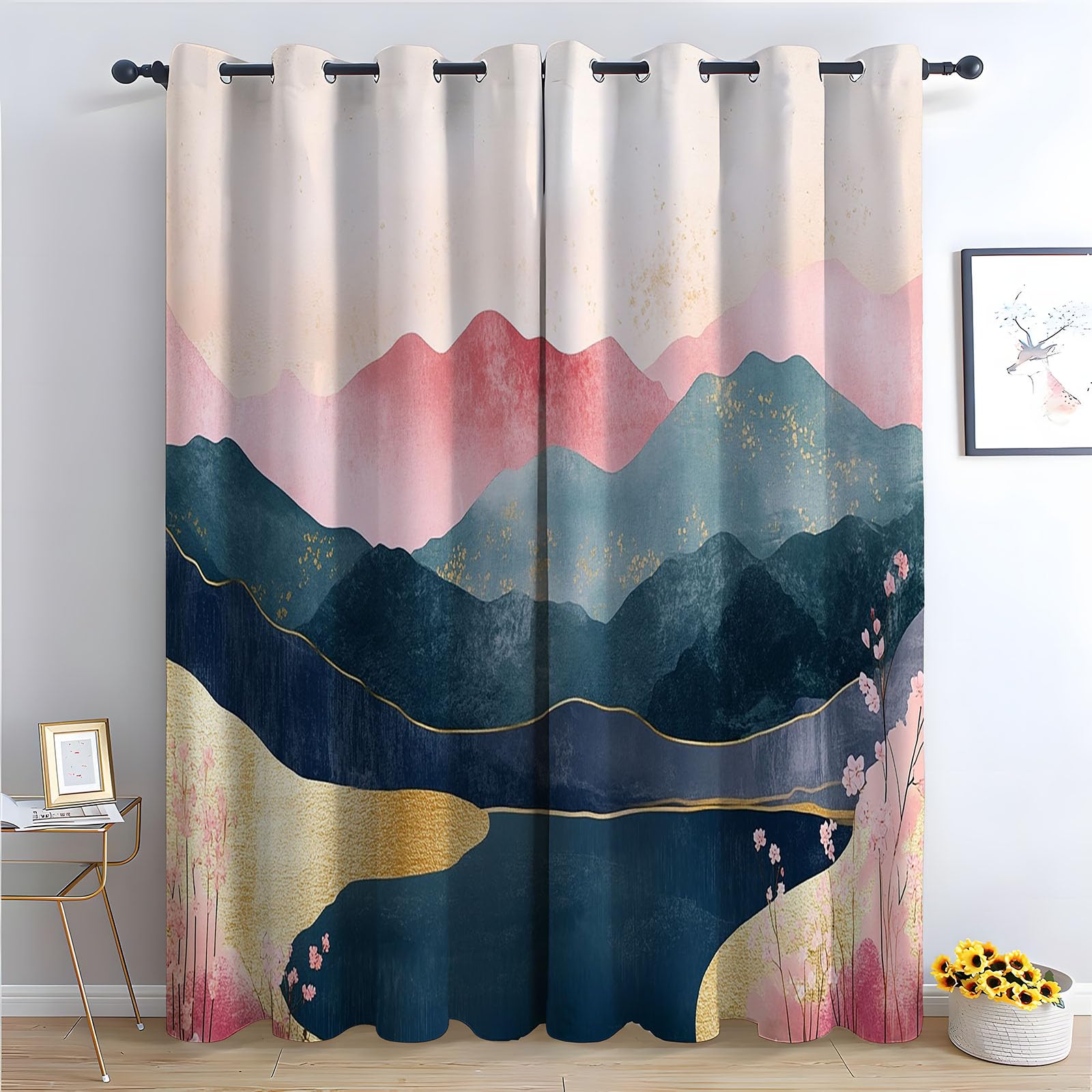 Vorhänge Blickdicht, Rosa Teal Goldfolie Berg Kirschblüten orientalisch Modern Abstrakt Vorhang für Wohnzimmer Schlafzimmer, Thermovorhang Kälteschutz Gardinen,-H240 x B140 cm (2er Pack)