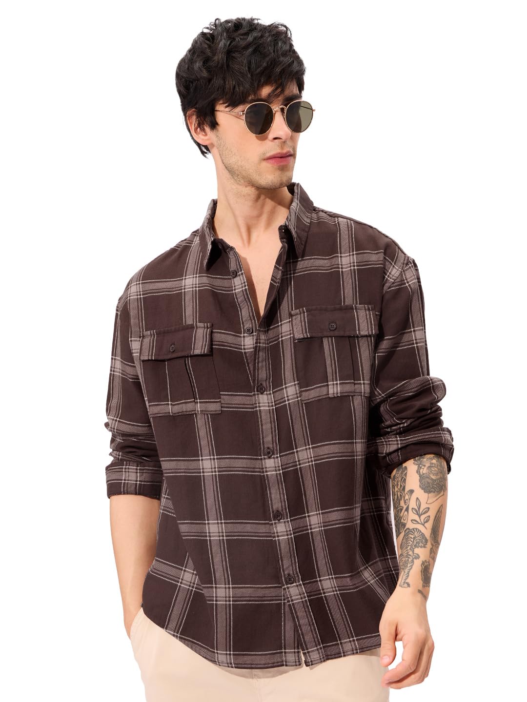 the souled store Brown Men and Boys Long Sleeves Collared Neck Button Front Plaid Regular Fit Cotton Utility Shirts-picture-45