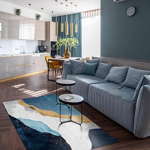 Miniatura 25 de Alfombras clásicas de mármol azul real, alfombra de lujo con tinta salpicada dorada para sala de estar, suave, lavable, resistente a la estilo-02