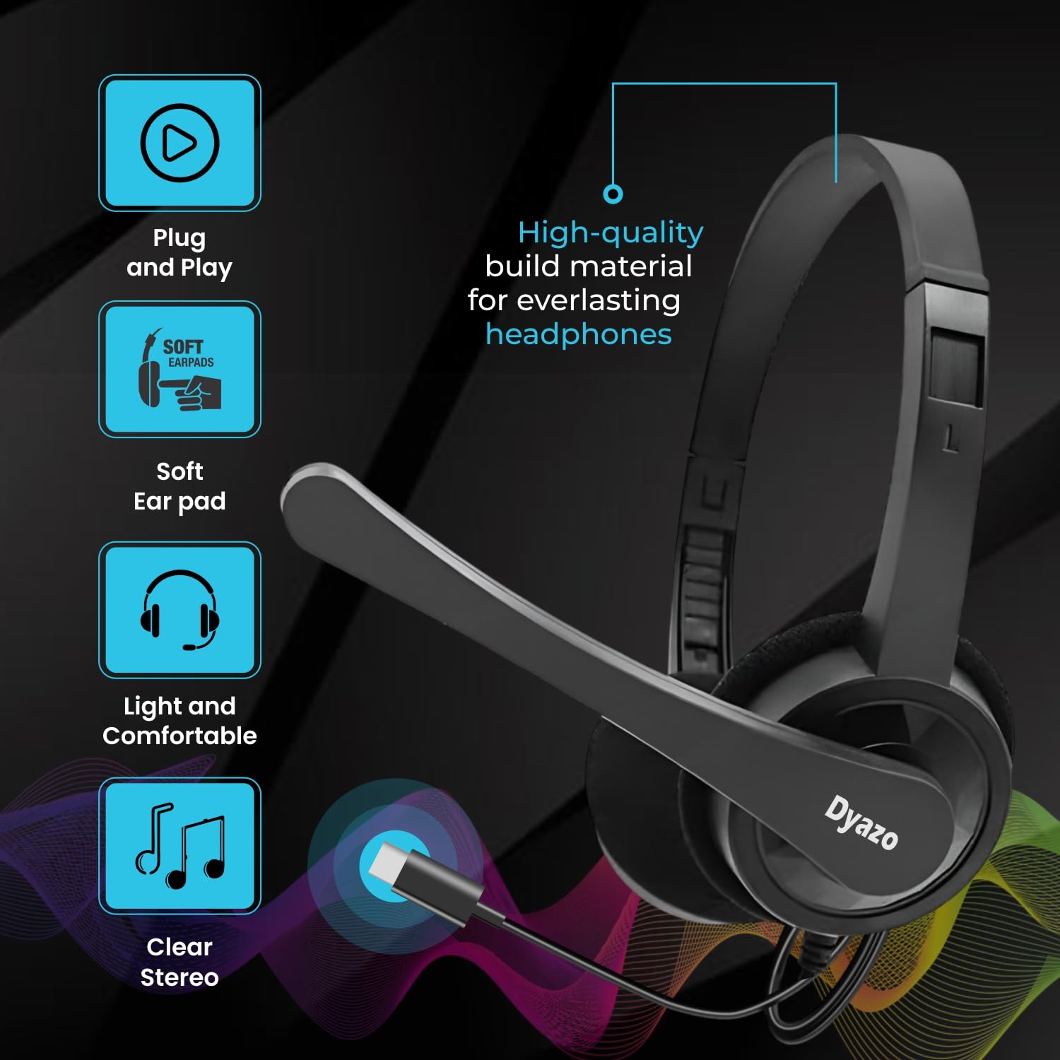 Dyazo Type C Wired Headphones with Mic | Lightweight On Ear Headset Compatible for PC, Mobile Phones, Laptop & MacBook | Comfortable Fit | Ideal for Office, Calls & Online Meetings (Black) — Amazon image 4