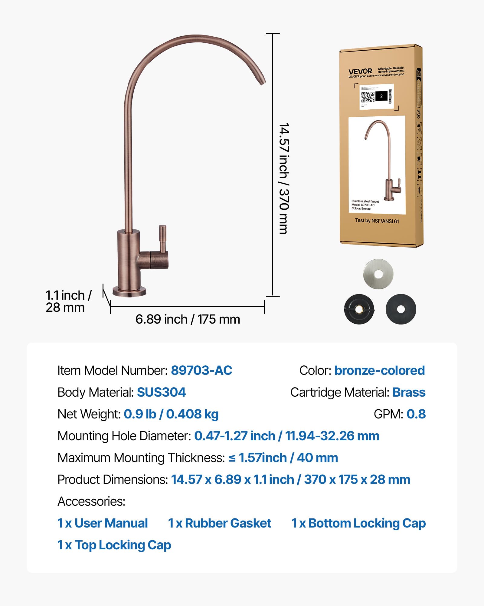VEVOR Grifo de Acero Inoxidable para Agua Potable sin Plomo, Grifo de Ósmosis Inversa con Válvula de Latón Macizo, Resistente a la Corrosión y Duradero, para Fregadero de Cocina, Bar, Cafetería