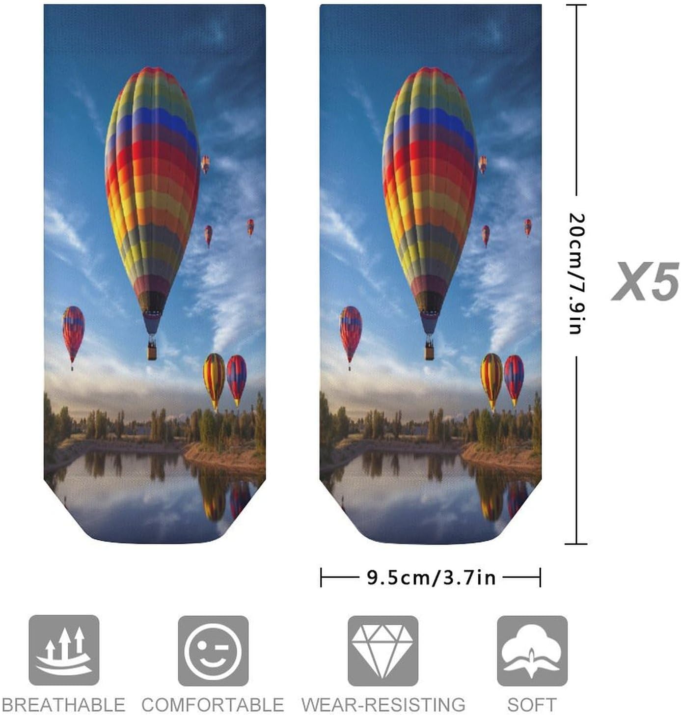 Women's Thin Elastic Socks Low-top Sports Invisible Hot Air Balloon Printed Ankle Socks 5 Pairs Suitable for Travel Commuting Outdoor
