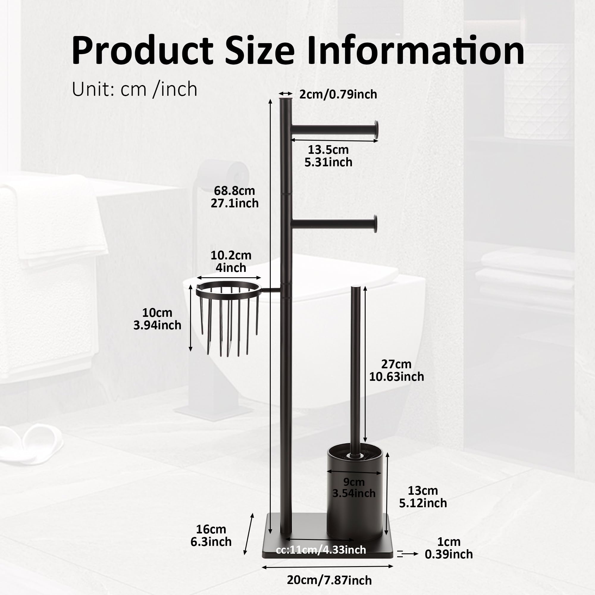 Porta carta igienica set in acciaio inox Nero, autoportante, completo di scopino WC e cestino porta oggetti, perfetto per organizzare il bagno con eleganza e praticità