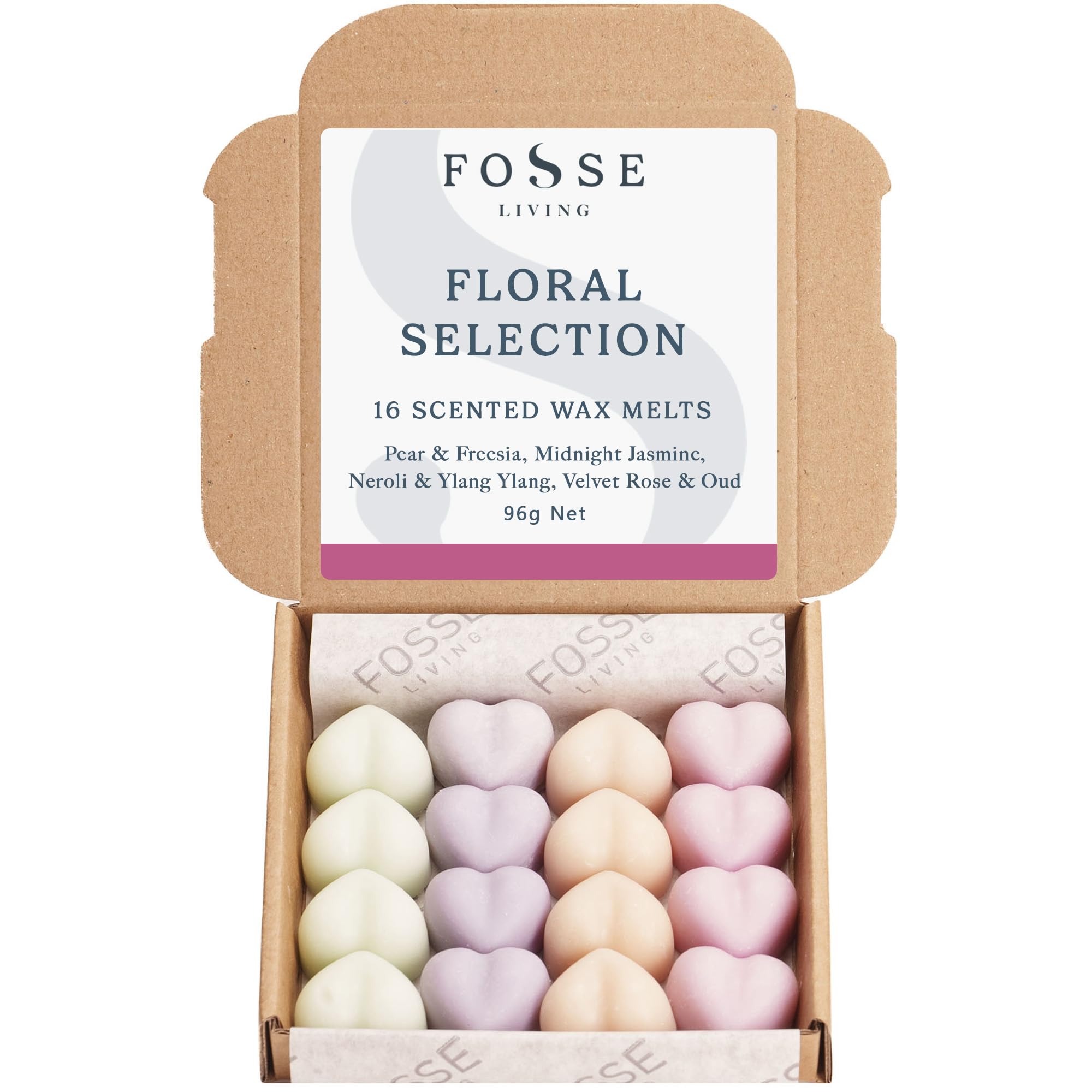Fosse Living Floral Selection Soy Wax Melts 16 Pack | Pear & Freesia, Midnight Jasmine, Neroli & Ylang Ylang, Velvet Rose & Oud | Natural, Vegan & Plastic Free | Up To 96 Hrs Scent | Handmade In Uk –