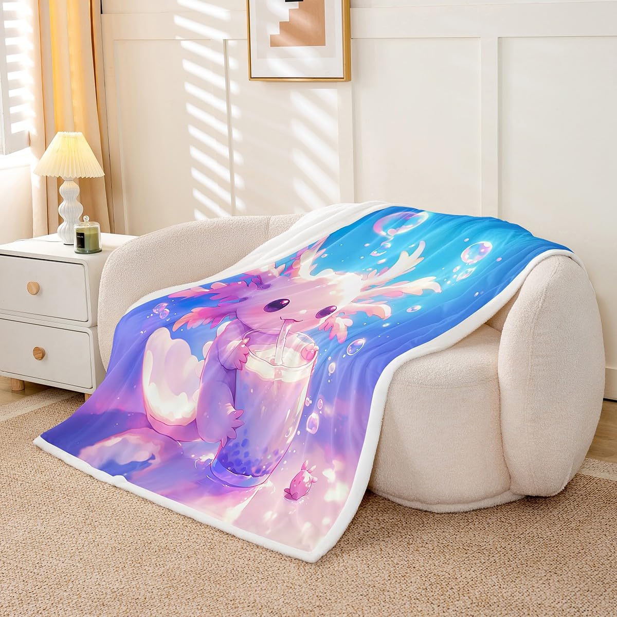 Homemissing Kids Cute Axolotl Fleece Throw Blanket 40x50Inch Cartoon Salamander Drinking Fuzzy Blanket for Bed Sofa Couch Kawaii Ocean Sealife Room Decor - Image 2