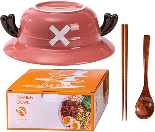 KQZFAB Juego de 9 cuencos de cerámica para fideos instantáneos de anime, con sombrero de paja, apto para microondas y lavavajillas, color rosa