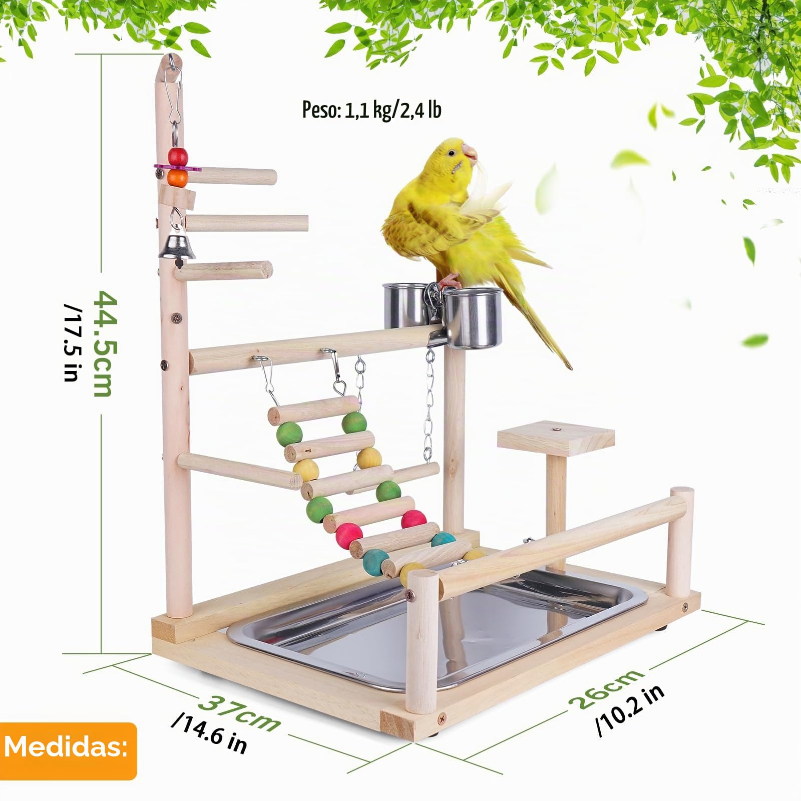 TEMU-SC Soporte para loros de madera: parque infantil para pájaros con perchas para periquitos pequeños y medianos, periquitos, pinzones, periquitos y pájaros del amor (37 x 26 x 44 cm)
