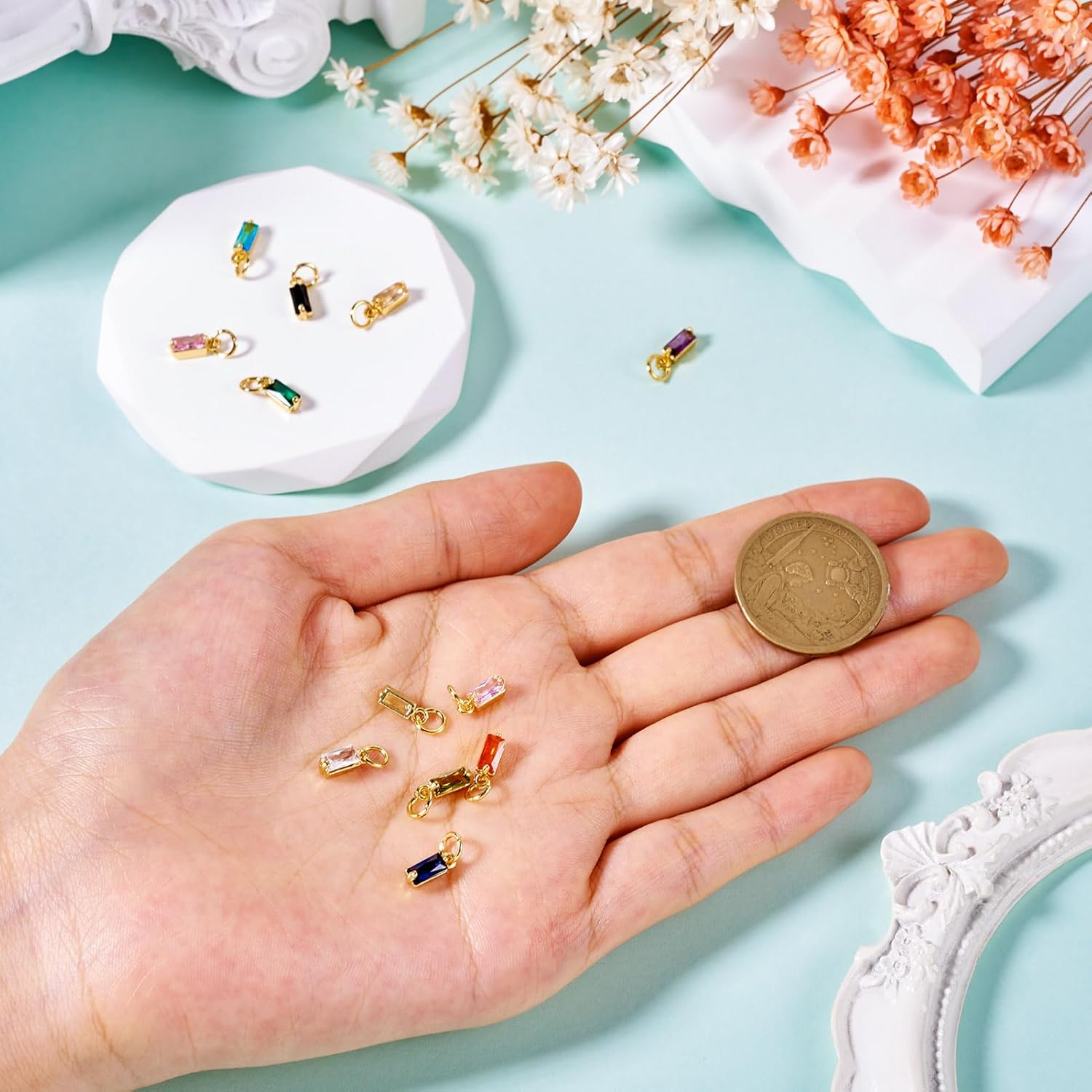 Beadthoven 12pcs Real 18K Gold Plated Rectangle Crystal Charm Pendants Micro Pave Cubic Zirconia Birthstone Charm with Jump Ring for DIY Jewelry Making Necklace Choker Earrings Tiny Dangle Accessories - Image 4