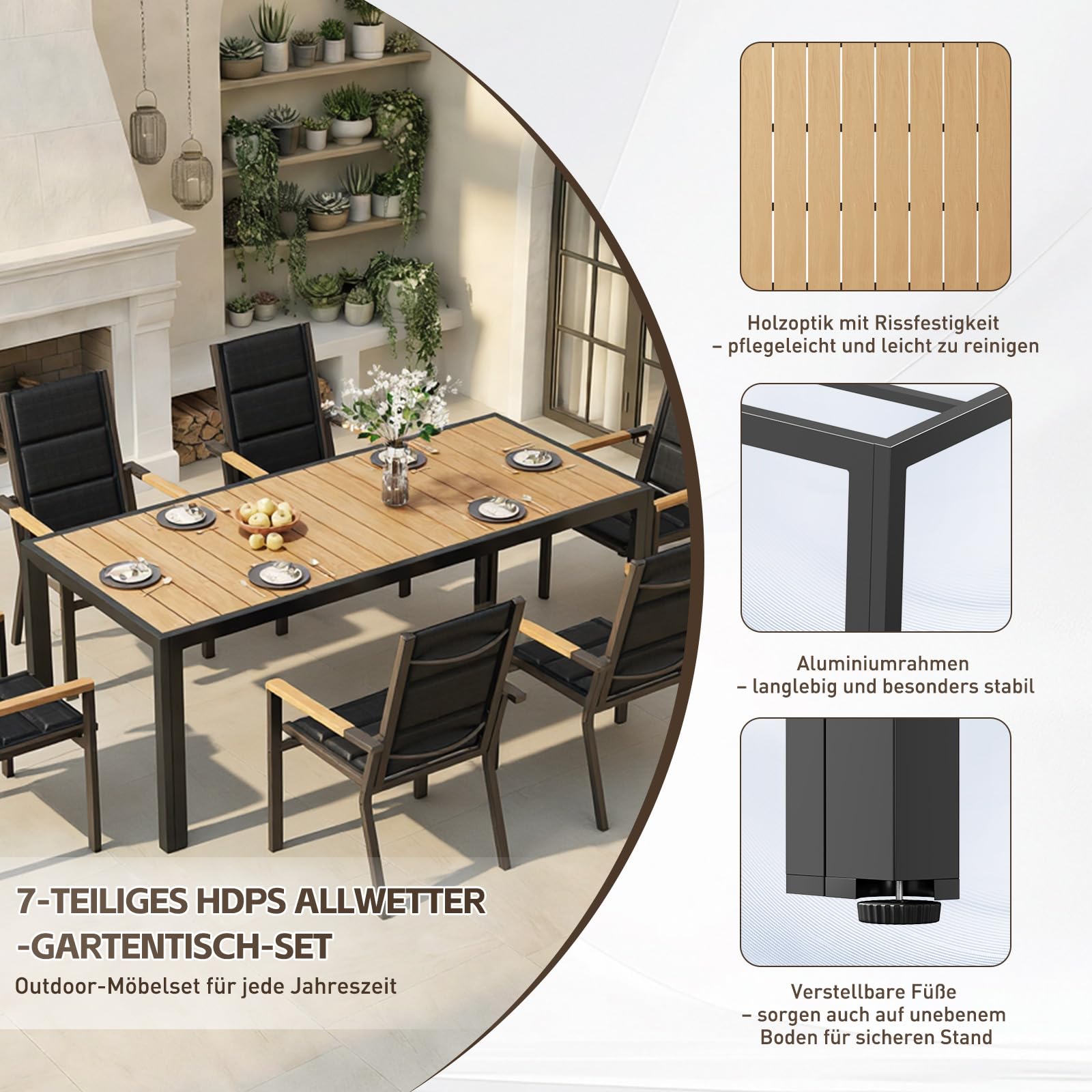 TRIUMPHKEY Gartenmöbel Set 6 Personen, Balkonmöbel mit Aluminium, 6 Stapelstühle mit Holzmaserung und 1 189cm PS Gartentisch, Terassenmöbel Außen, Braun