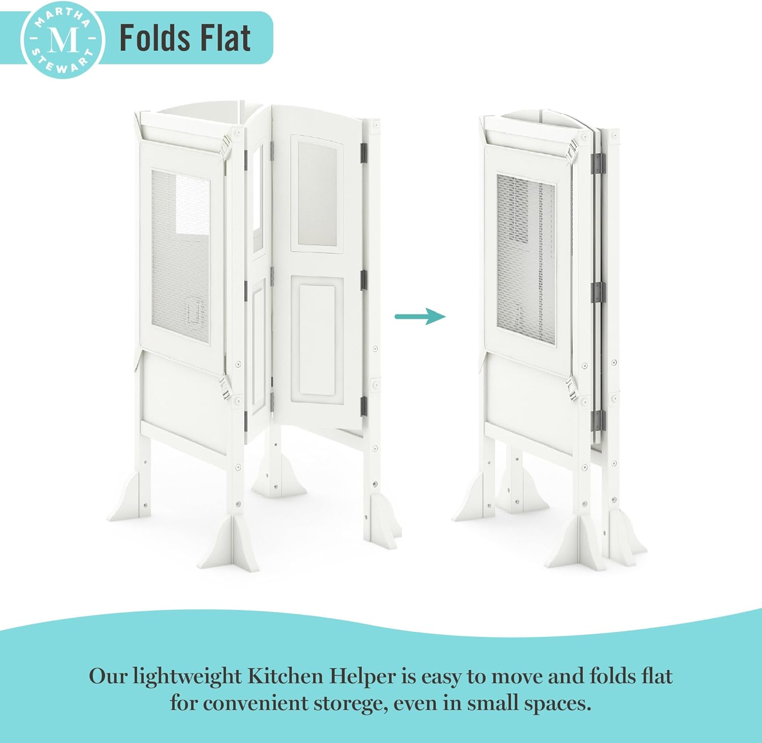 Martha Stewart Kitchen Helper Toddler Tower by Guidecraft - Linen White | Foldable Wooden Learning Toddler Standing Tower & Adjustable Step Stool | Montessori Kids Counter Height Kitchen Stool