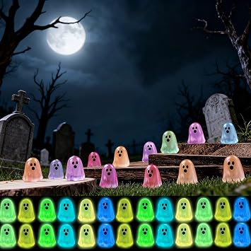 15PCS Mini Ghost Halloween Figurines, Resin Ghost Figurines Glow in The Dark Cute Miniature, Small Halloween Decor for Desktop, Micro Landscape Creative Decoration Accessories (Green)