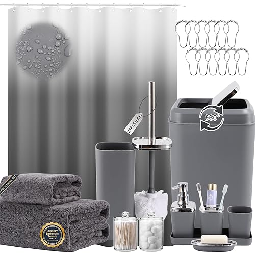 Grey Bathroom Accessories, 24 Pieces Grey Bathroom Accessories Set with Shower Curtain, Bath Towels, Trash Can, Soap Dispenser and Soap Dish for Bathroom/Housewarming
