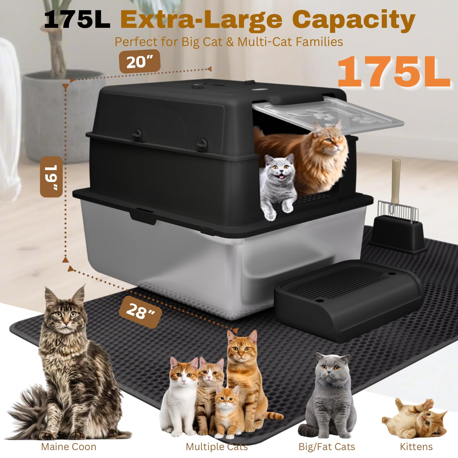 XXXXL Jumbo Stainless Steel Litter Box with Lid for Maine Coon, 28" L x 20" W x 19" H Extra Large Stainless Steel Cat Litter Box for Big Cat and Multi-Cats Families,Non-Sticky, Anti-Leakage (Black) - image 2