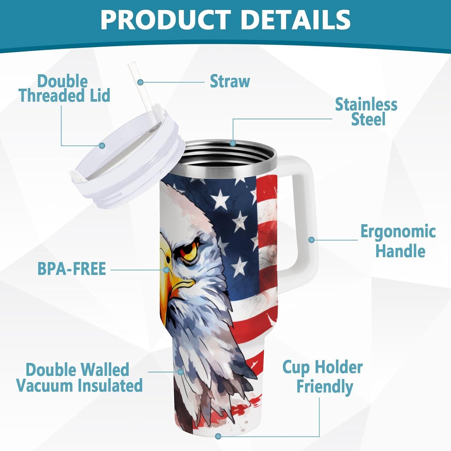 SUABO 40 oz Car Tumbler Cup with Handle and Straw Lid for Water,Iced Tea or Coffee Watercolor American Flag with Eagle Travel Mug Home Work Office Stainless Steel Water Bottle