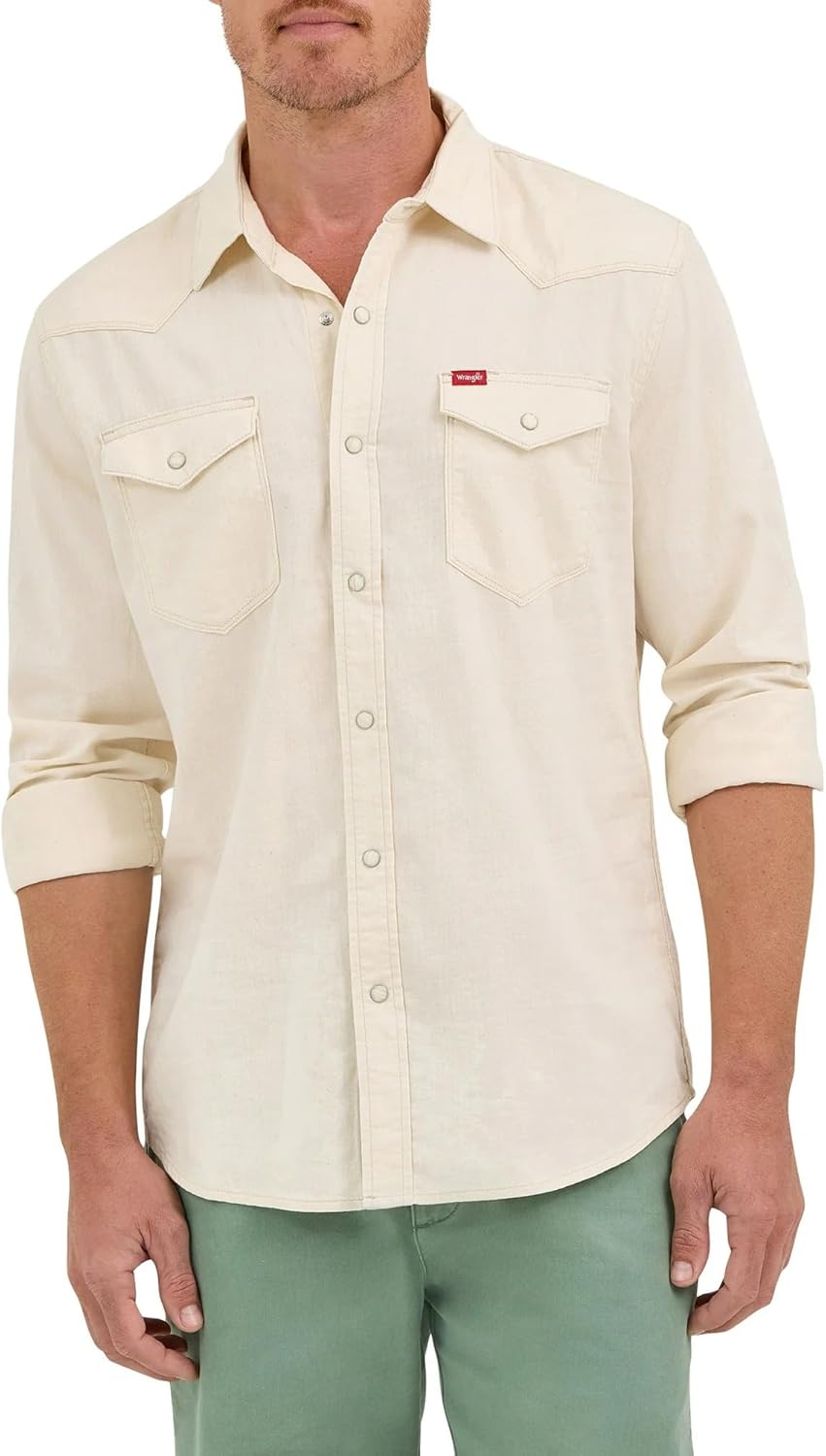 Wrangler Men's Slim Fit Long Sleeve Woven Twill Shirt with Sunglasses Cleaner