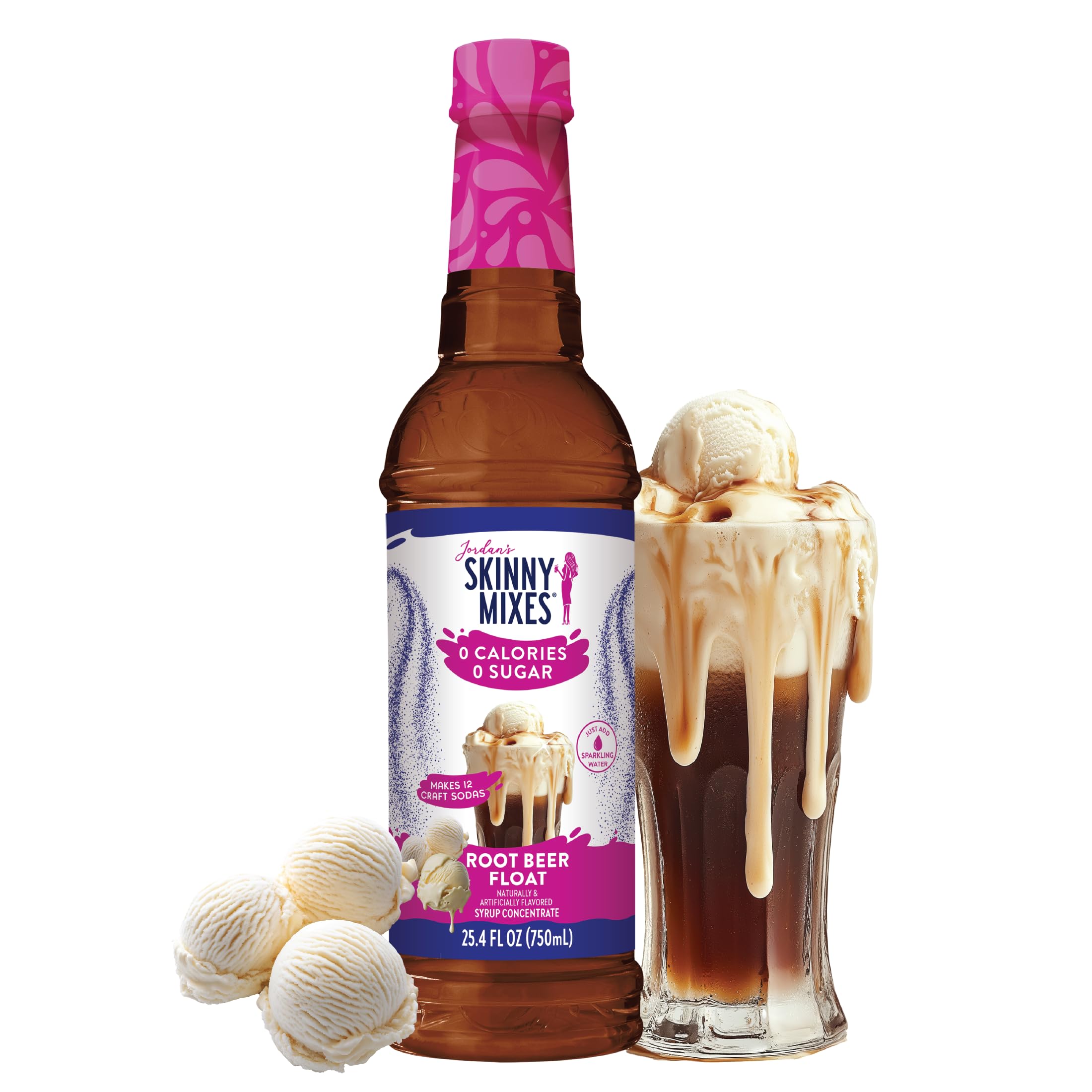 Jordan's Skinny Mixes Sugar Free Syrup, Root Beer Float, Fruit Flavored Water Enhancer, Drink Mix for Iced Tea, Lemonade, Drinks, Low Calorie Water Flavoring, Dairy & Gluten Free, Kosher, 25.4 Fl Oz