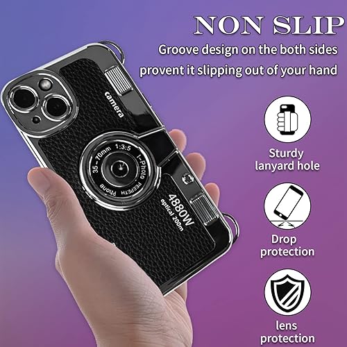 Miniatura 4 de Funda clásica de Emily in Paris 2023 con diseño de cámara vintage que parece una cámara, para iPhone 14, cámara, teléfono, pulsera de cuero (negro,