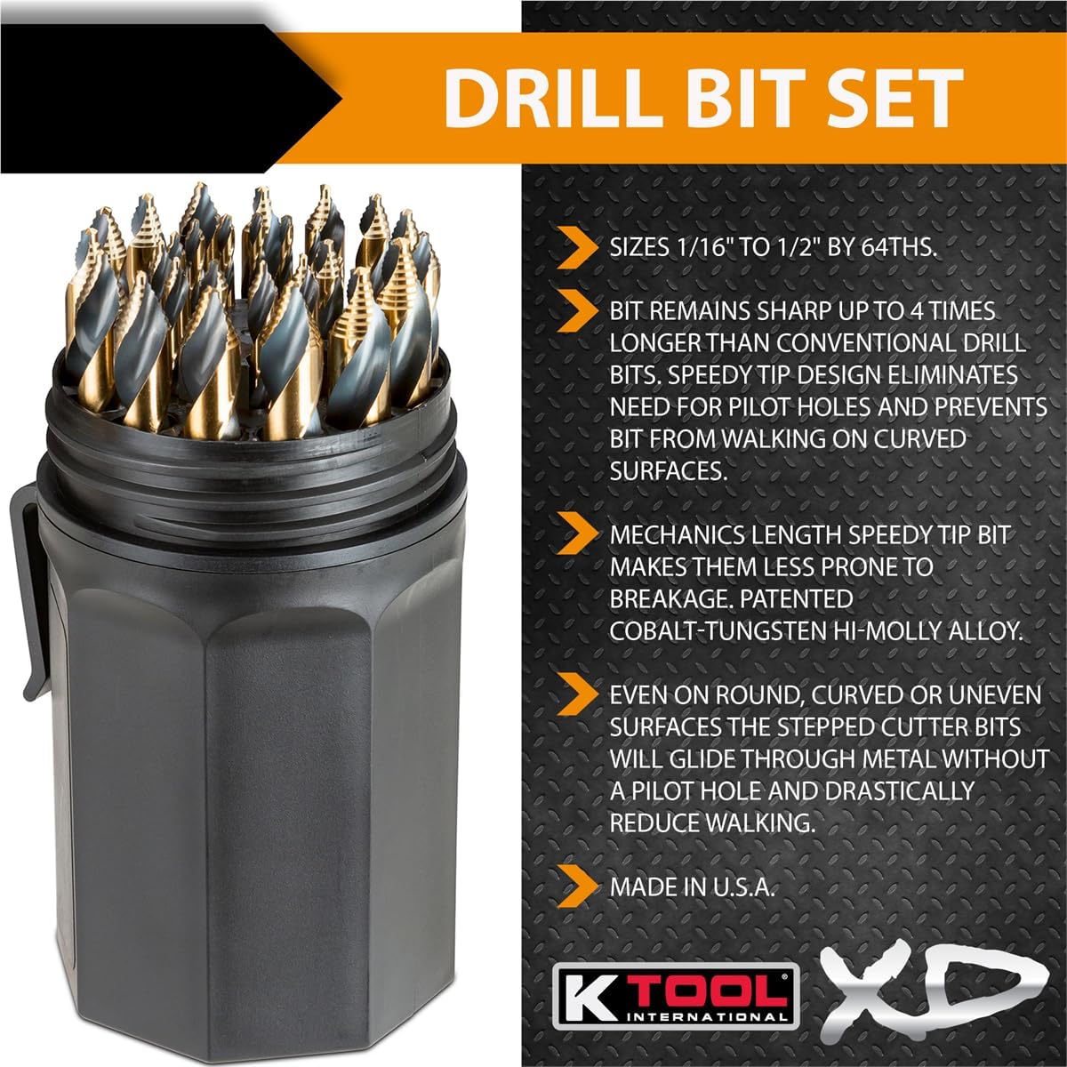 K Tool International XD3106 Speedy Tip Drill Bit Set Made in USA Cobalt Tungsten Hi Molly Alloy Mechanic Length Bits Stay Sharp 4X Longer No Pilot Hole Needed Prevents Walking Includes Sizes 1/16 to