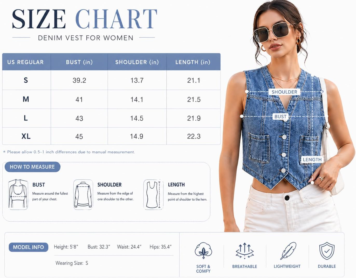 Cropped Denim Vest for Women, V Neck Button Down, Blue Jean Vest Top, Western Style